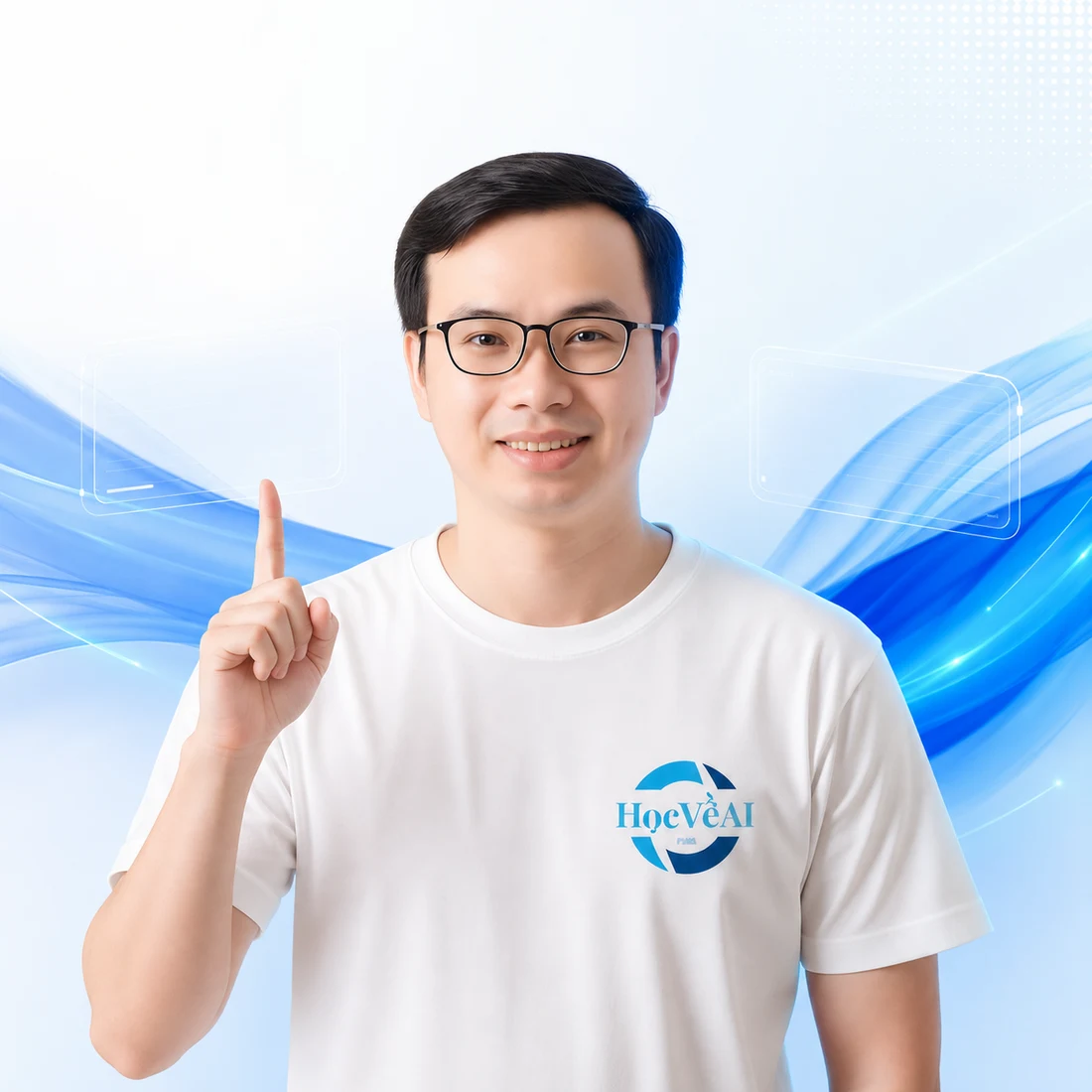 Chân dung thương hiệu Học Về AI trong áo trắng có logo, giơ một ngón tay hướng dẫn trên nền sóng xanh công nghệ